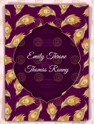 A Purple And Gold Wedding Invitation Featuring An Elegant Gold Feather Pattern
